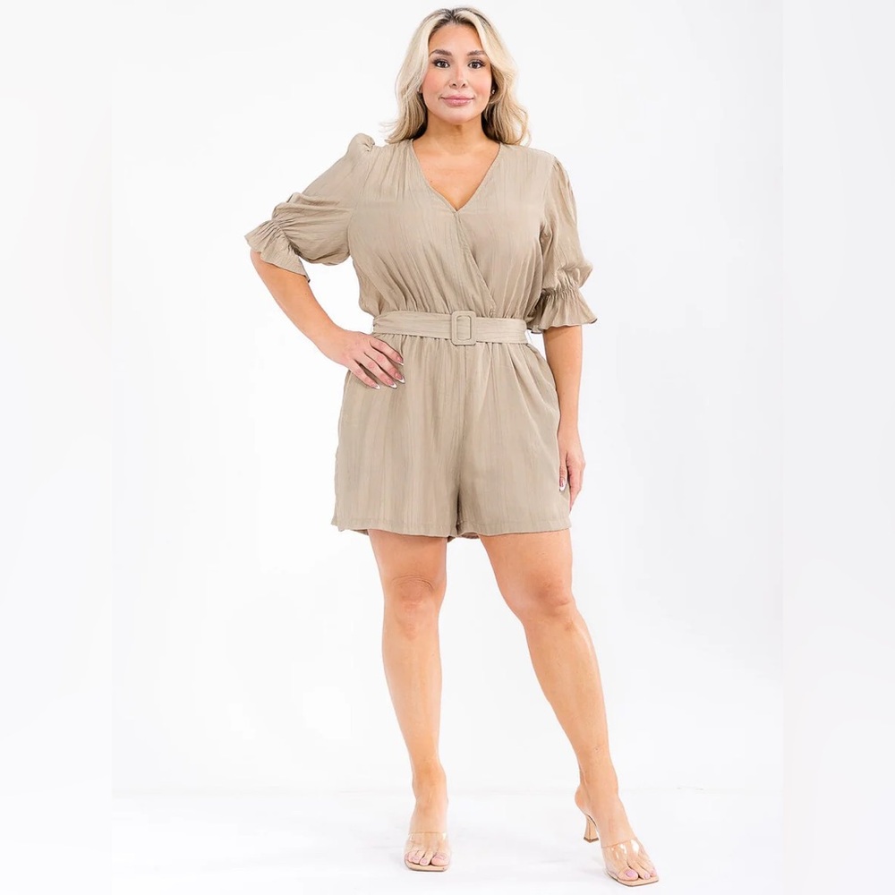 D270 PLUS And The Why Short Sleeve Surplice Pocketed Belted Romper